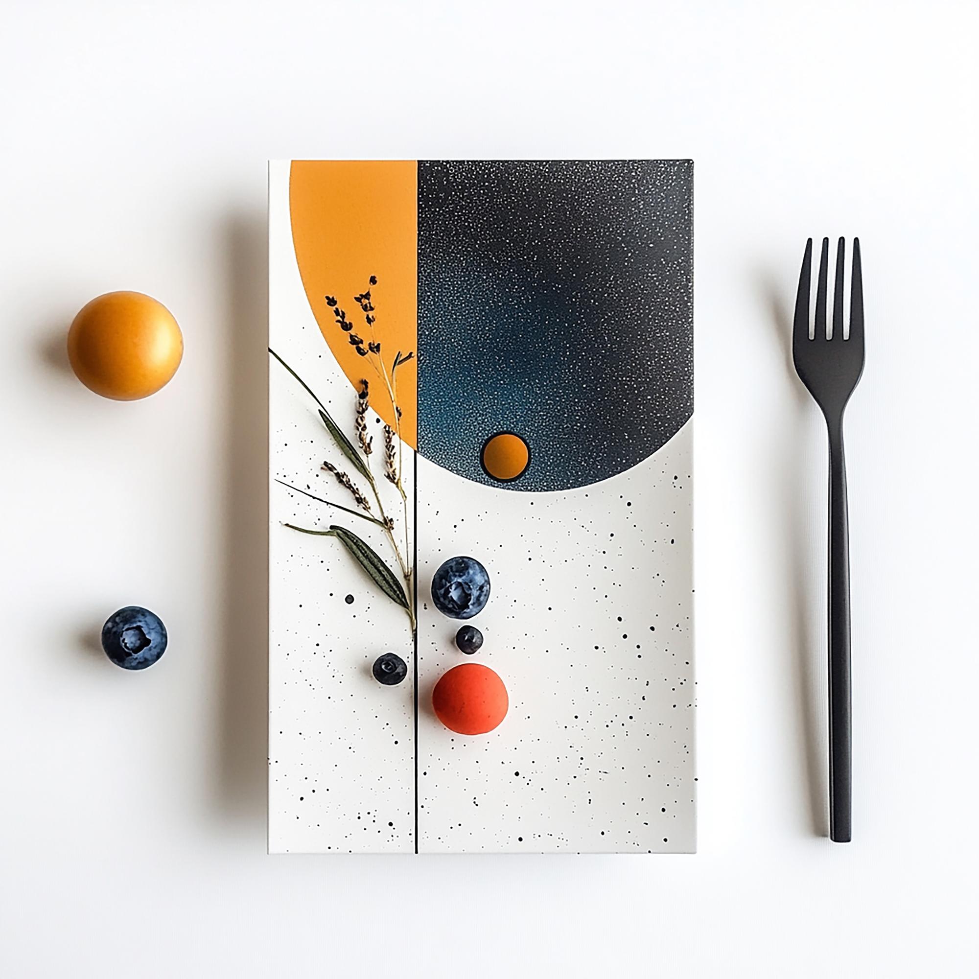 Large editorial shot of plated menu, overlapping elements